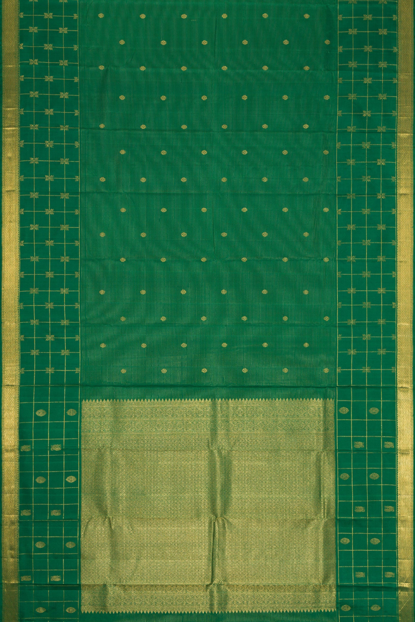 Flat view of Pure Silk Pure Zari Green Dual Tone Kanjivaram Saree with Zari Butta on the body and Zari Border. 