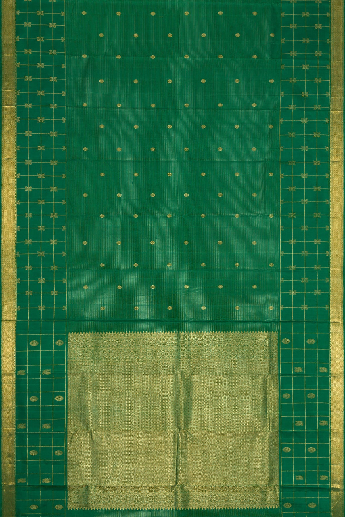 Flat view of Pure Silk Pure Zari Green Dual Tone Kanjivaram Saree with Zari Butta on the body and Zari Border. 