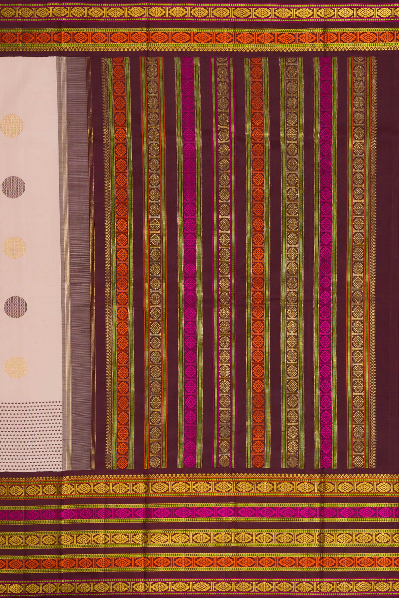 Close up image of the pallu of Pure Silk Pure Zari Dark Beige Dual Tone Kanchipuram Saree with Zari And Thread Butta on the body and Zari And Thread Border. 
