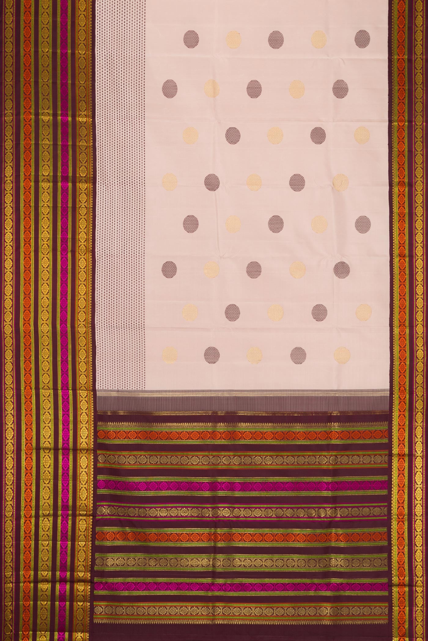Flat view of Pure Silk Pure Zari Dark Beige Dual Tone Kanchipuram Saree with Zari And Thread Butta on the body and Zari And Thread Border. 