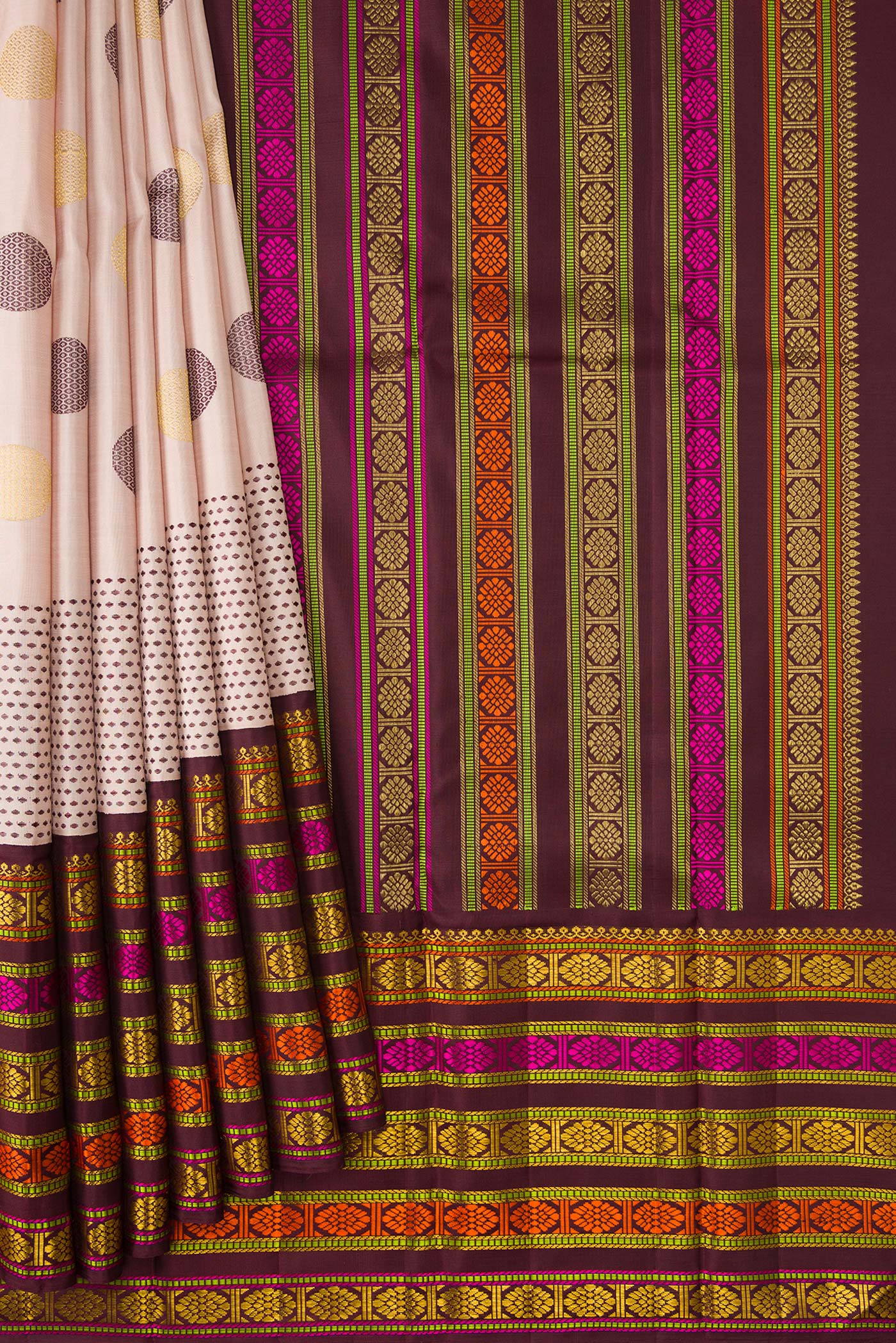 Pleats and pallu of Pure Silk Pure Zari Dark Beige Dual Tone Kanchipuram Saree with Zari And Thread Butta on the body and Zari And Thread Border. 