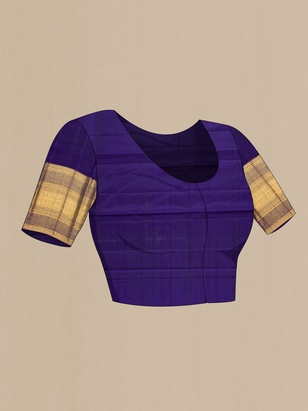 Close up image of the blouse of Pure Silk Pure Zari Peach Dual Tone Kanchipuram Saree with Checked design on the body and Zari Border. 
