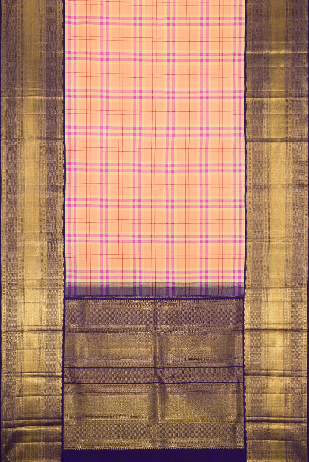 Flat view of Pure Silk Pure Zari Peach Dual Tone Kanchipuram Saree with Checked design on the body and Zari Border. 