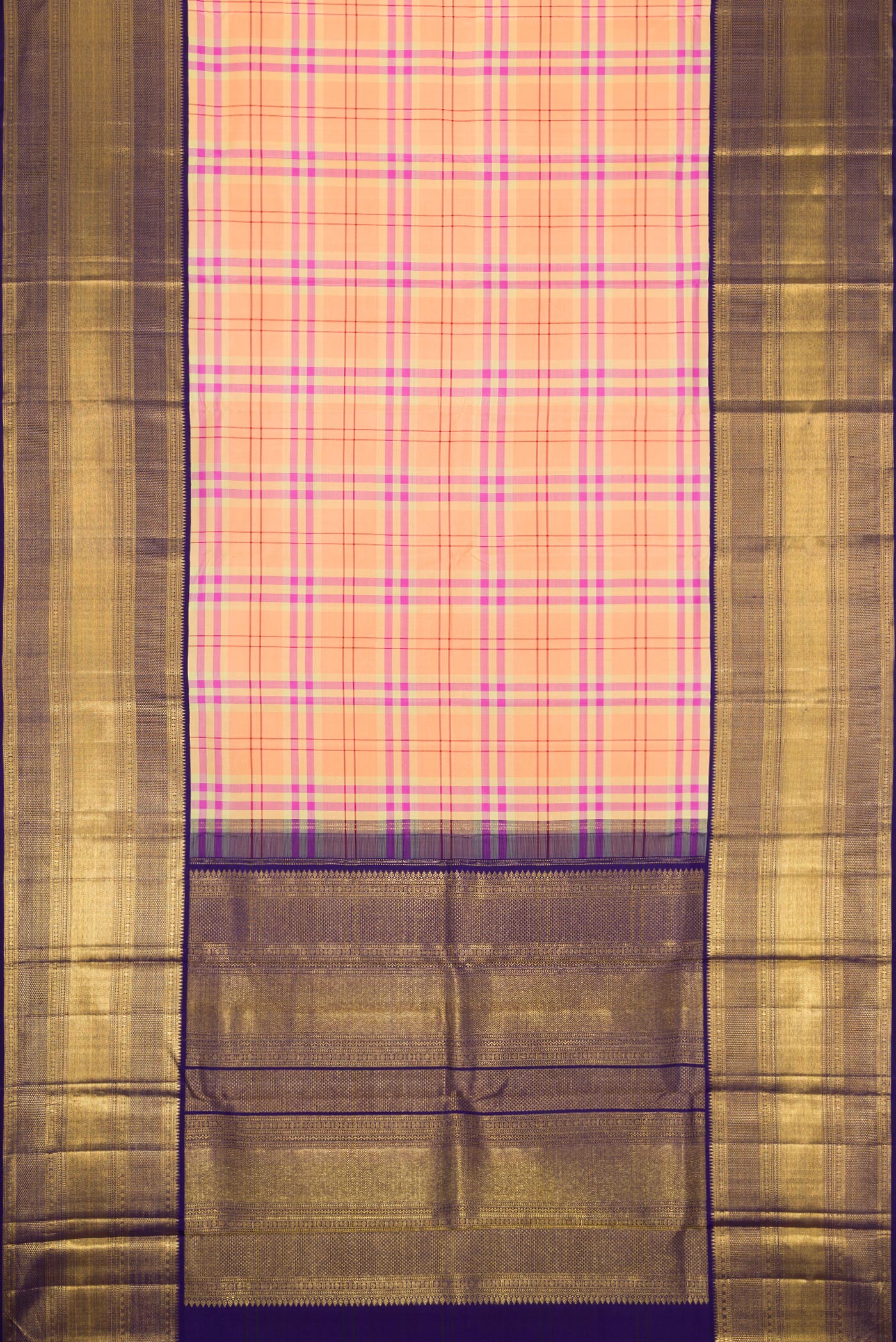 Flat view of Pure Silk Pure Zari Peach Dual Tone Kanchipuram Saree with Checked design on the body and Zari Border. 