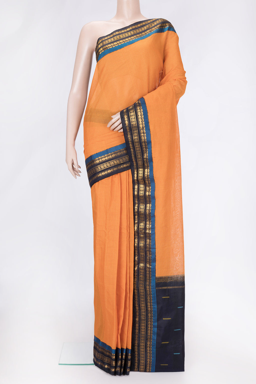 Orange Dual Tone Gadwal Silk Saree with Checked design on the body and Zari Border.  displayed on a mannequin