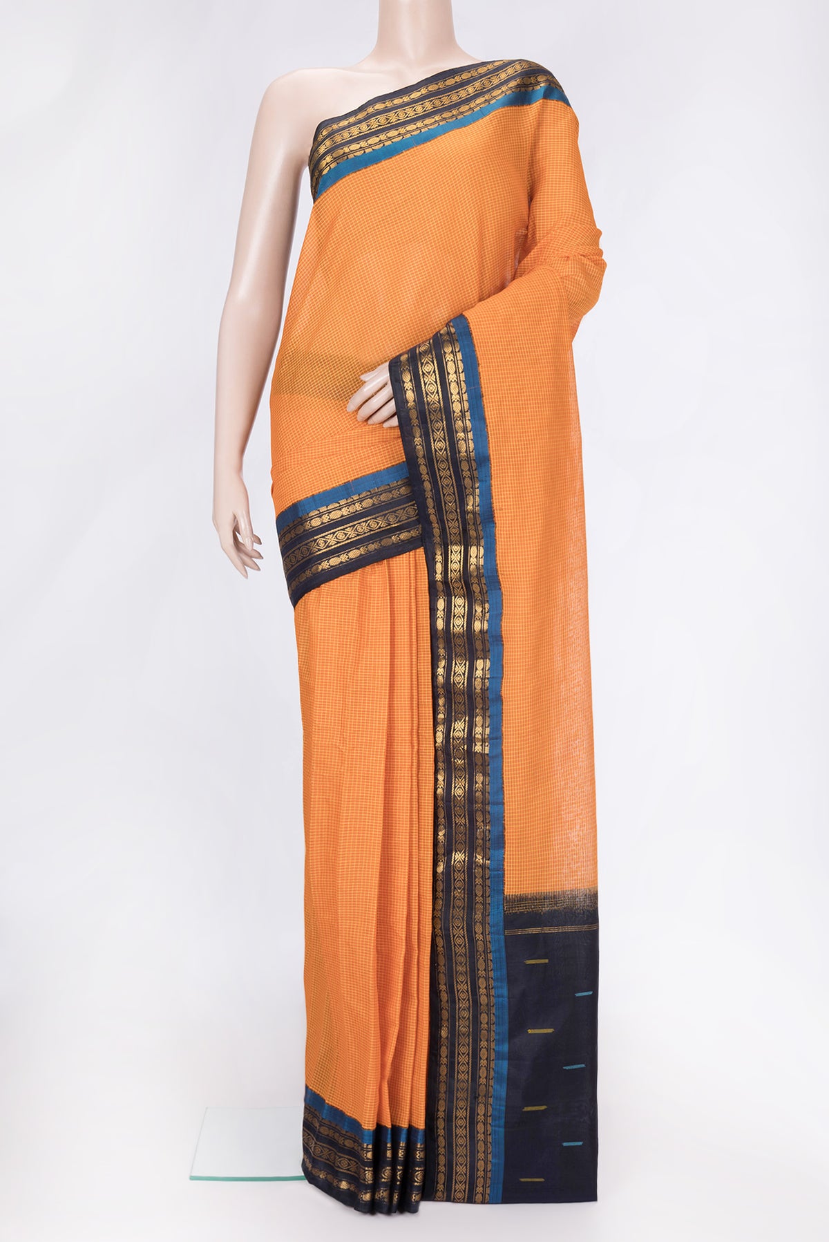 Orange Dual Tone Gadwal Silk Saree with Checked design on the body and Zari Border.  displayed on a mannequin