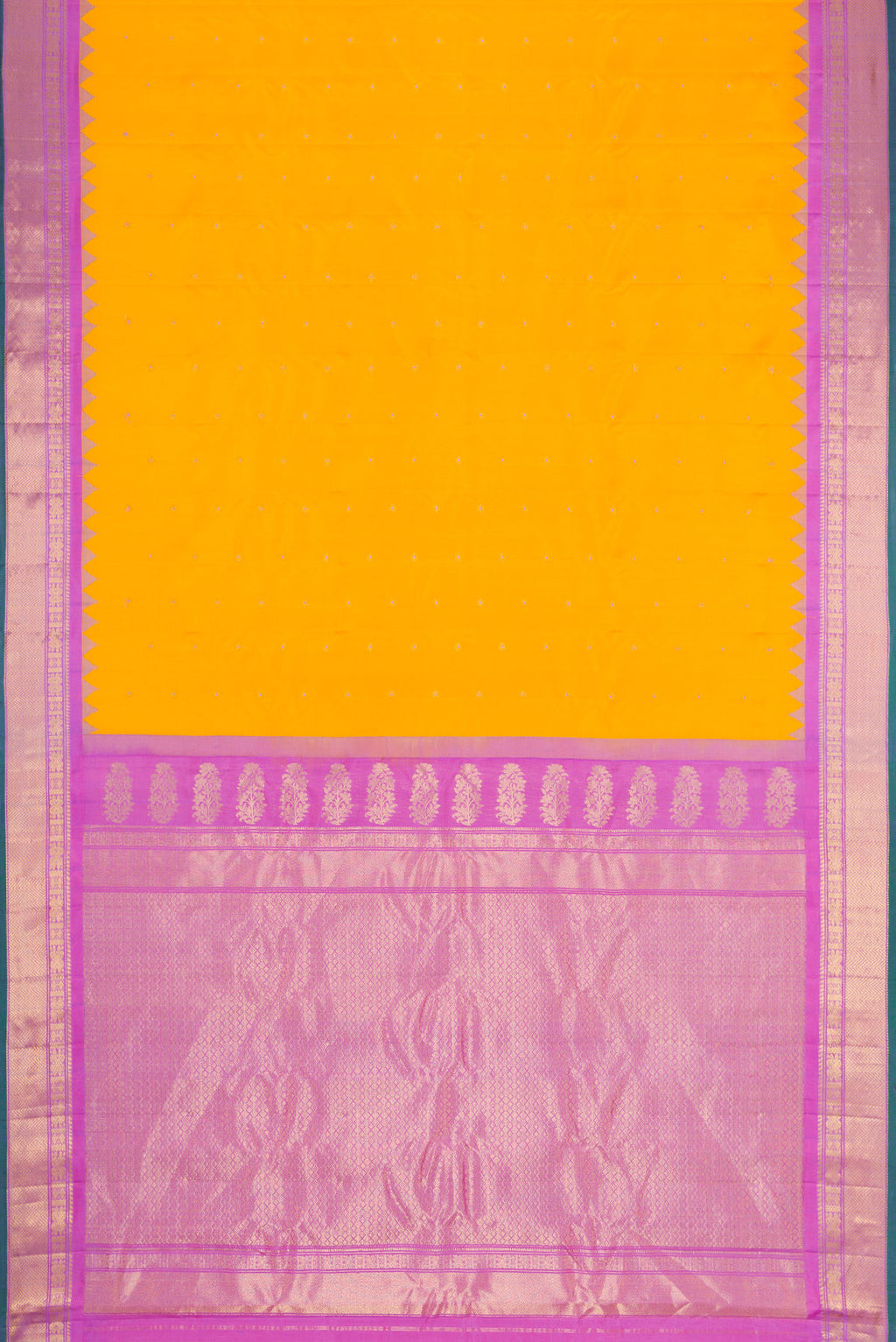 Flat view of Yellow Dual Tone Gadwal Silk Saree with Zari And Thread Butta on the body and Temple Border. 