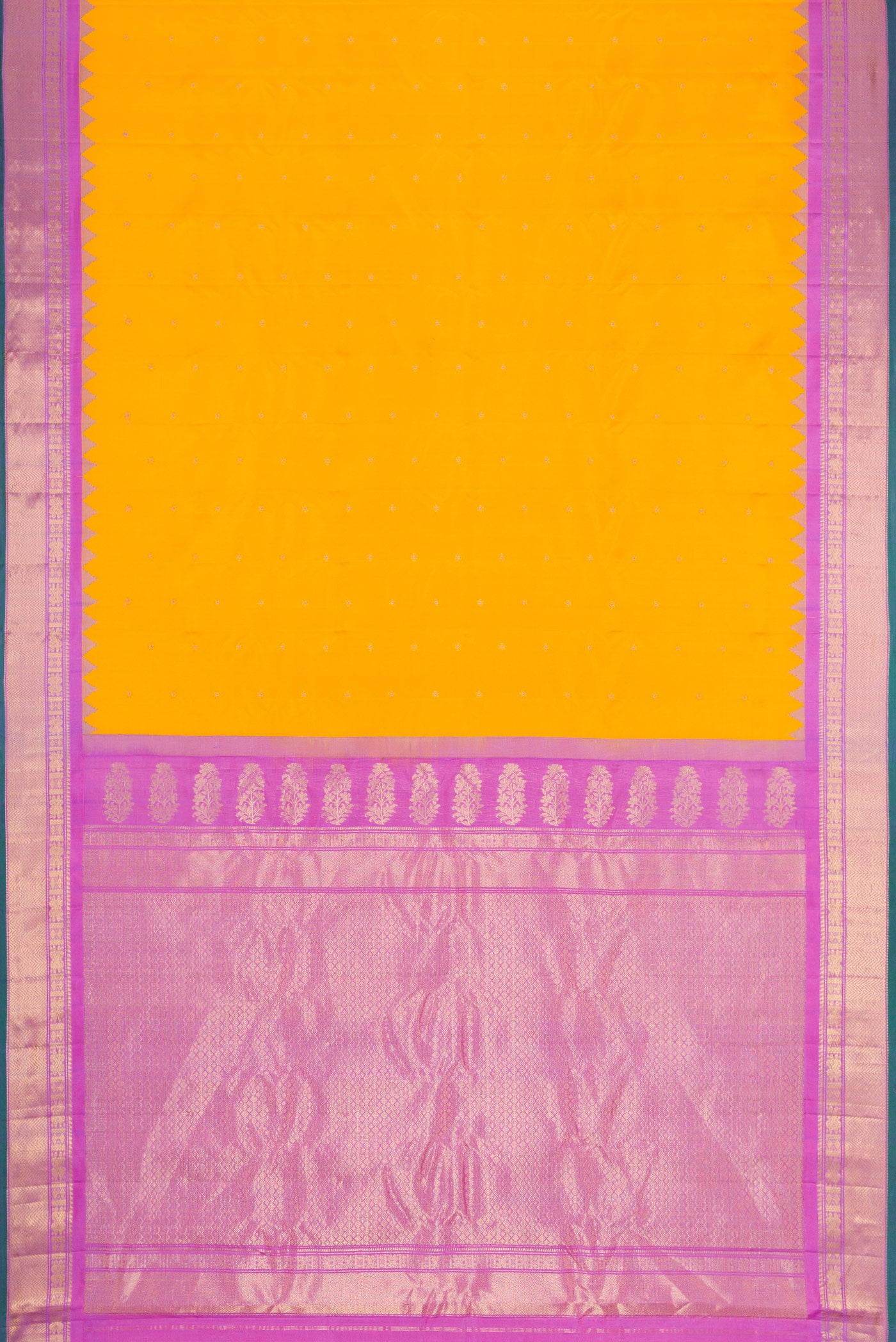Flat view of Yellow Dual Tone Gadwal Silk Saree with Zari And Thread Butta on the body and Temple Border. 