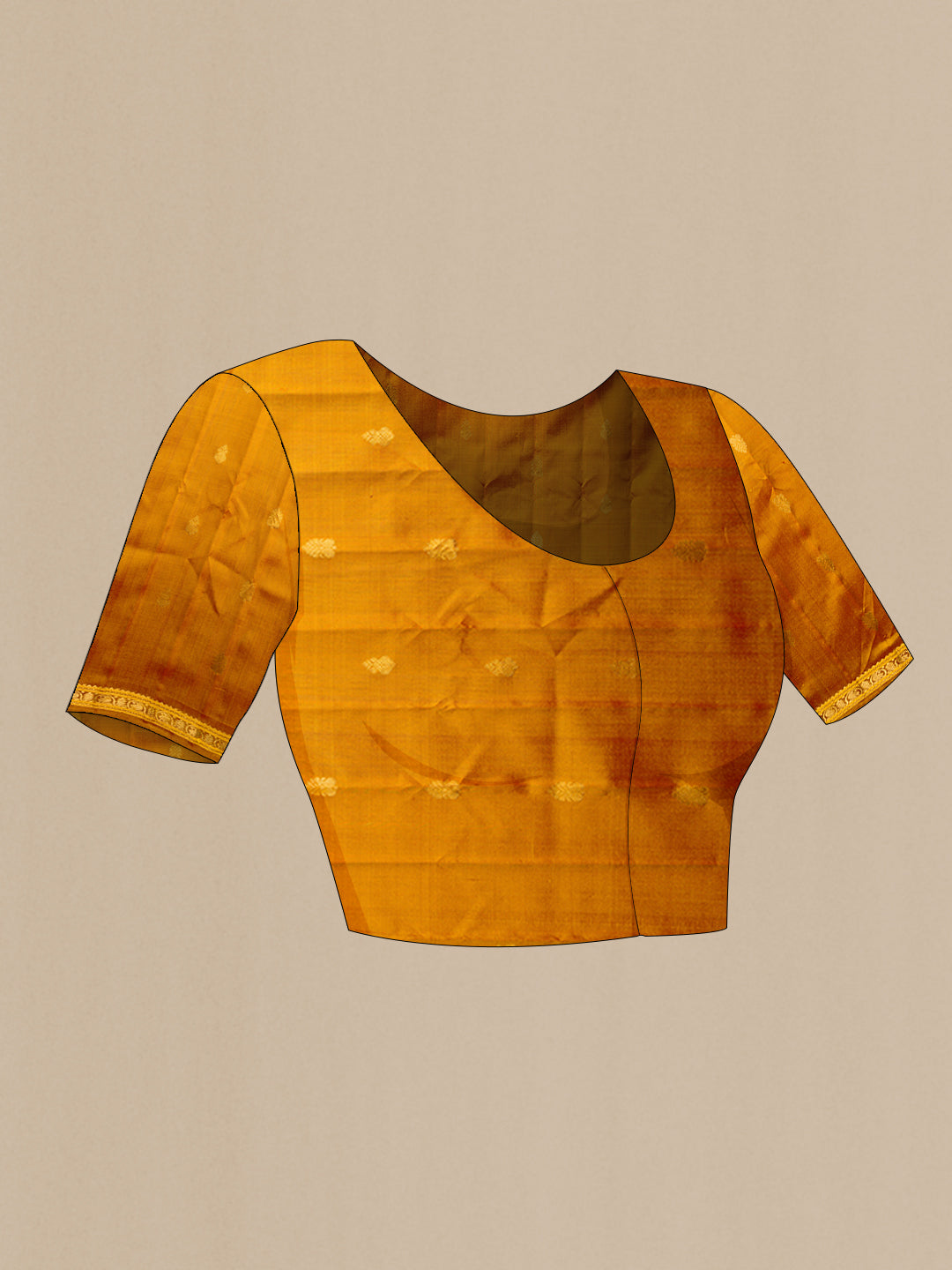 Close up image of the blouse of Yellow Dual Tone Gadwal Silk Saree with Zari Butta on the body and Zari Border. 