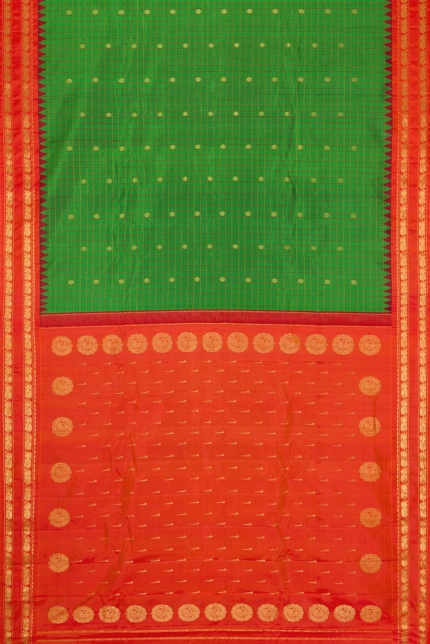 Flat view of Bottle Green Dual Tone Gadwal Silk Saree with Checked design on the body and Zari Border. 