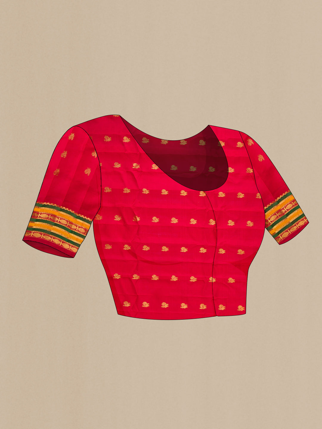 Close up image of the blouse of Bottle Green Dual Tone Gadwal Silk Saree with Zari Butta on the body and Zari Border. 