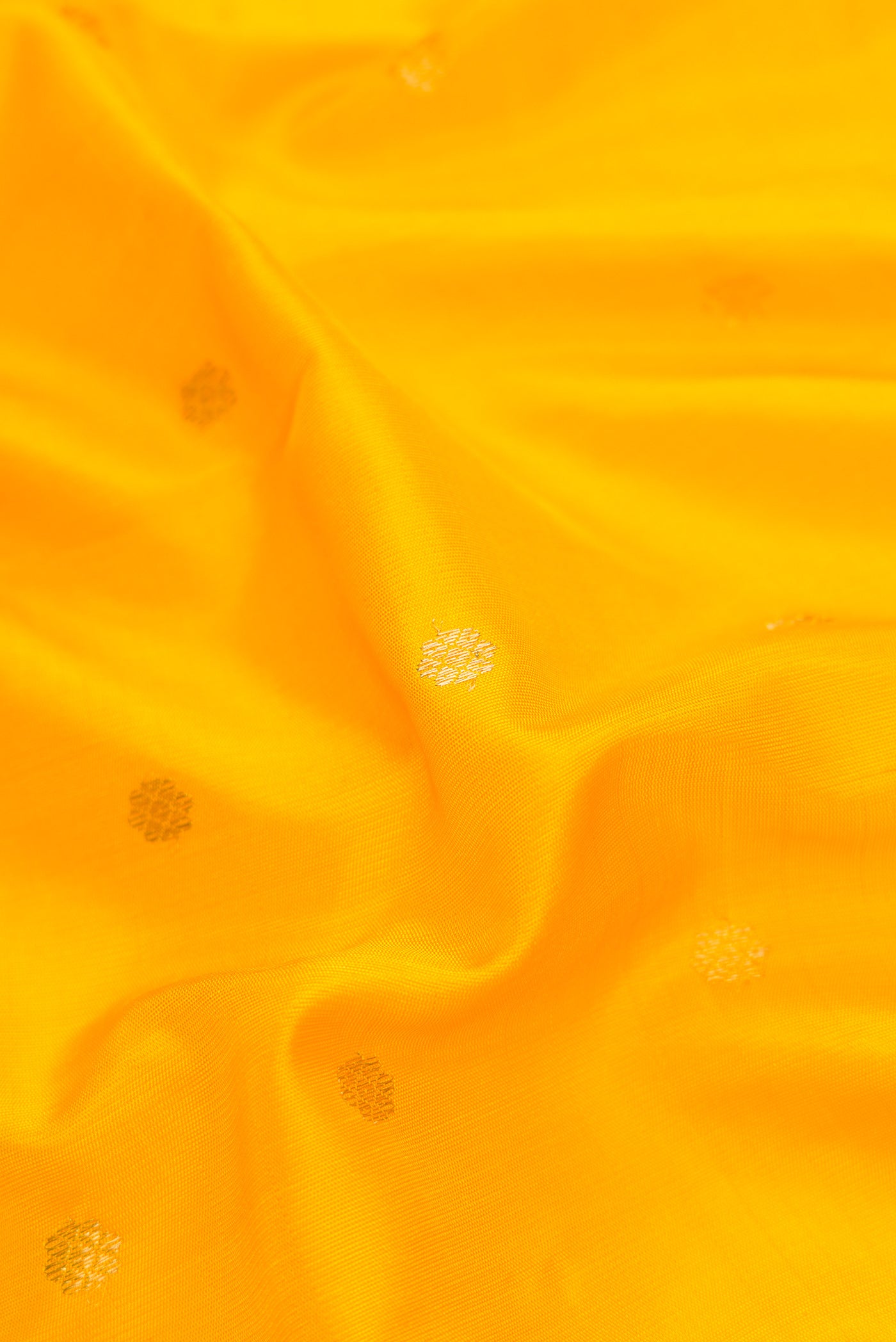 Close up of Yellow Dual Tone Gadwal Silk Saree with Zari Butta on the body and Zari Border.  displaying folds