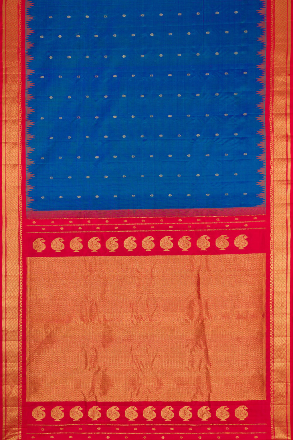 Flat view of Peacock Blue Dual Tone Gadwal Silk Saree with Zari Butta on the body and Zari Border. 