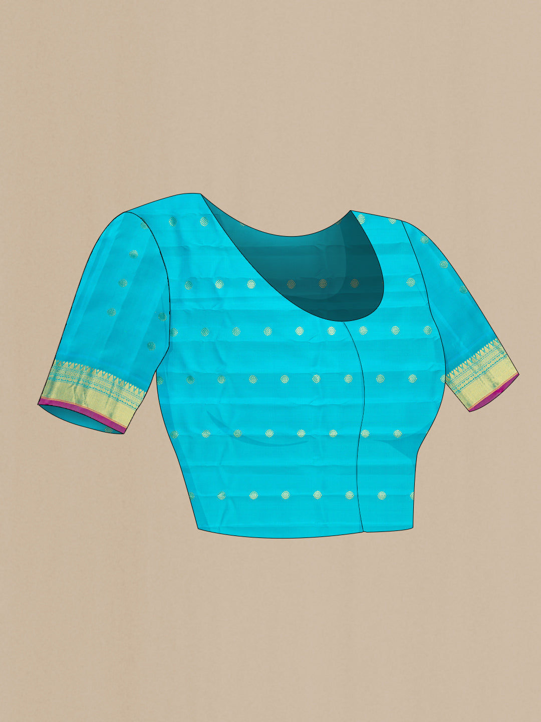 Close up image of the blouse of Beige Dual Tone Gadwal Silk Saree with Zari Butta on the body and Fancy Border. 