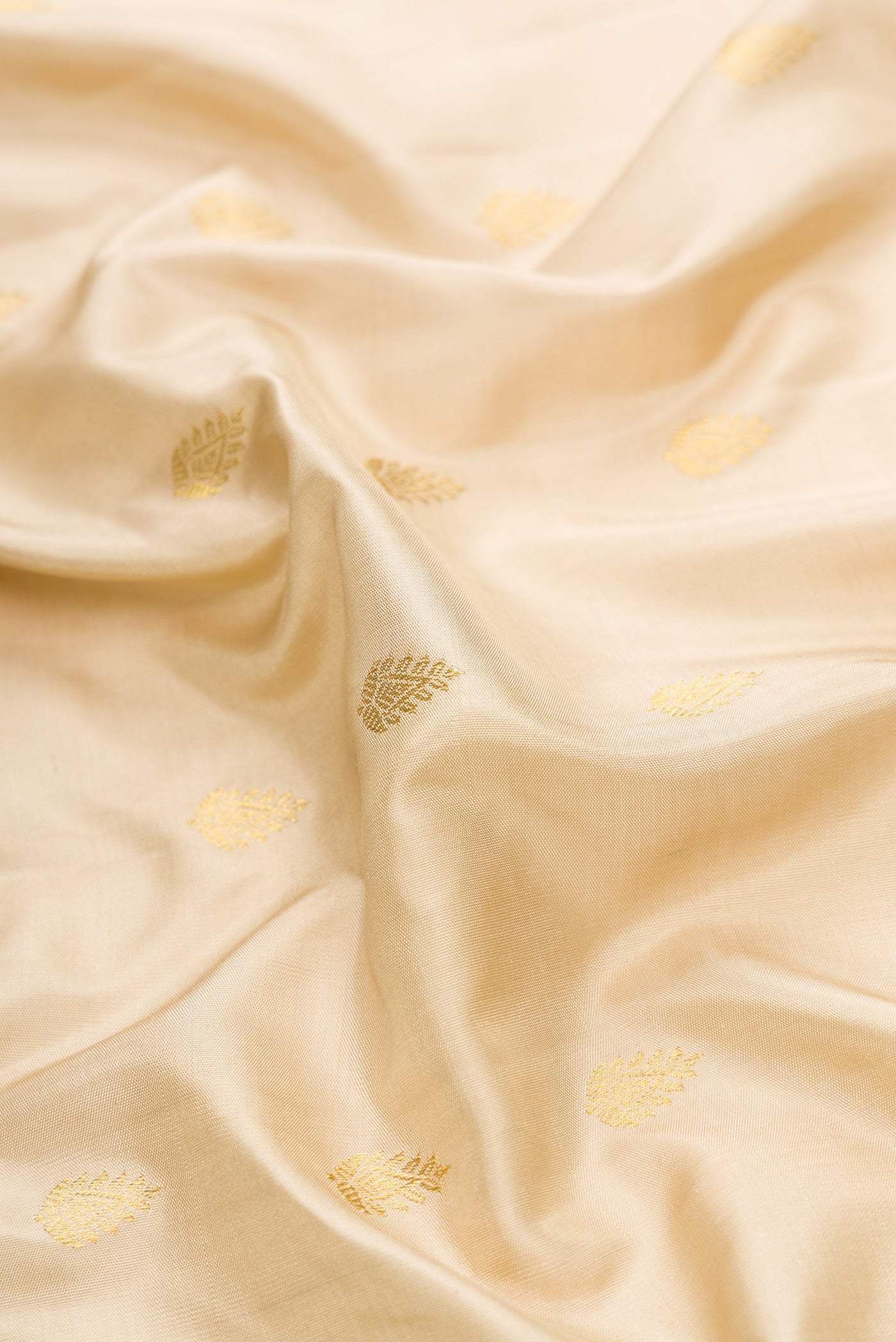 Close up of Beige Dual Tone Gadwal Silk Saree with Zari Butta on the body and Fancy Border.  displaying folds