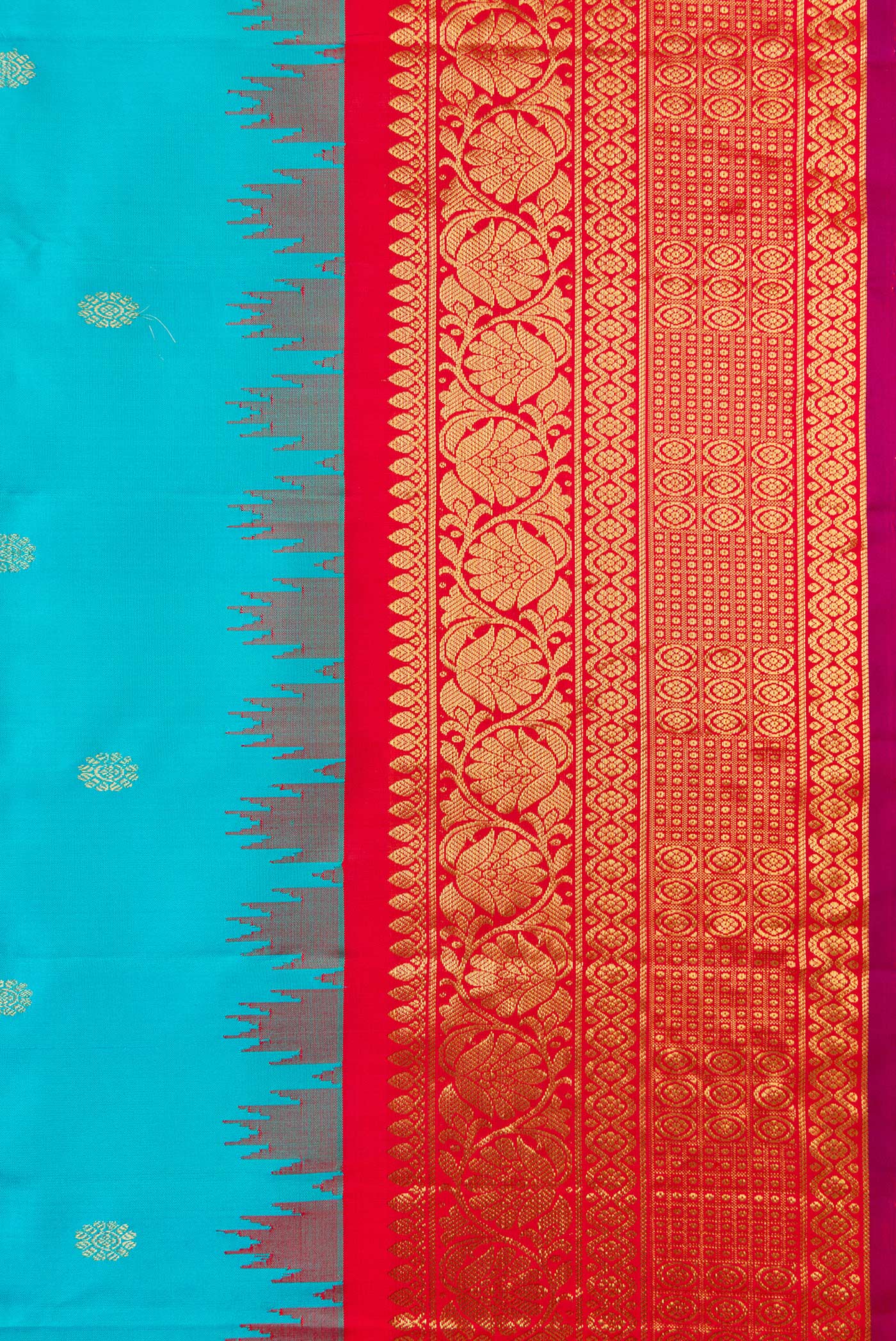 Border image of Sky Blue Dual Tone Gadwal Silk Saree with Zari Butta on the body and Temple Border. 