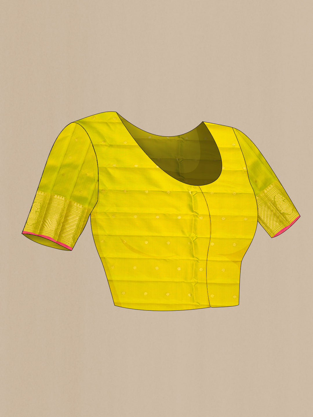 Close up image of the blouse of Yellow Dual Tone Gadwal Silk Saree with Zari And Thread Butta on the body and Zari Border. 