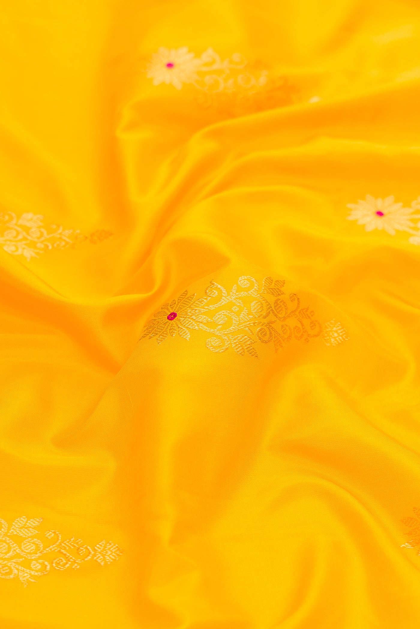 Close up of Yellow Dual Tone Gadwal Silk Saree with Zari And Thread Butta on the body and Zari Border.  displaying folds