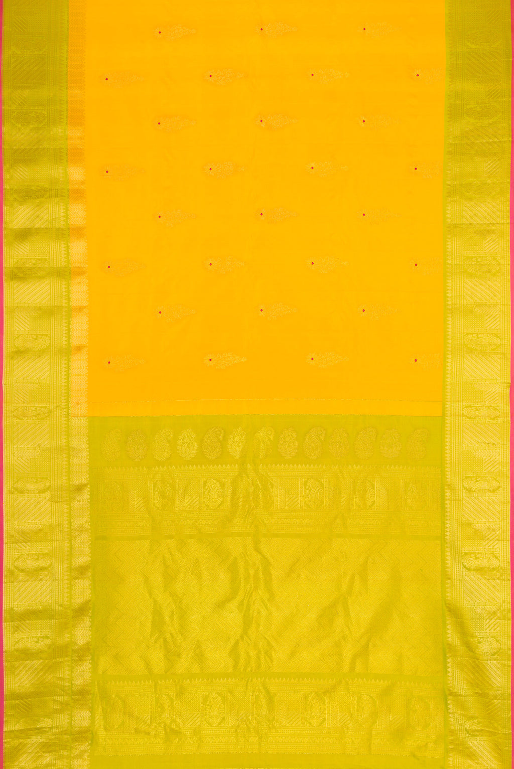 Flat view of Yellow Dual Tone Gadwal Silk Saree with Zari And Thread Butta on the body and Zari Border. 