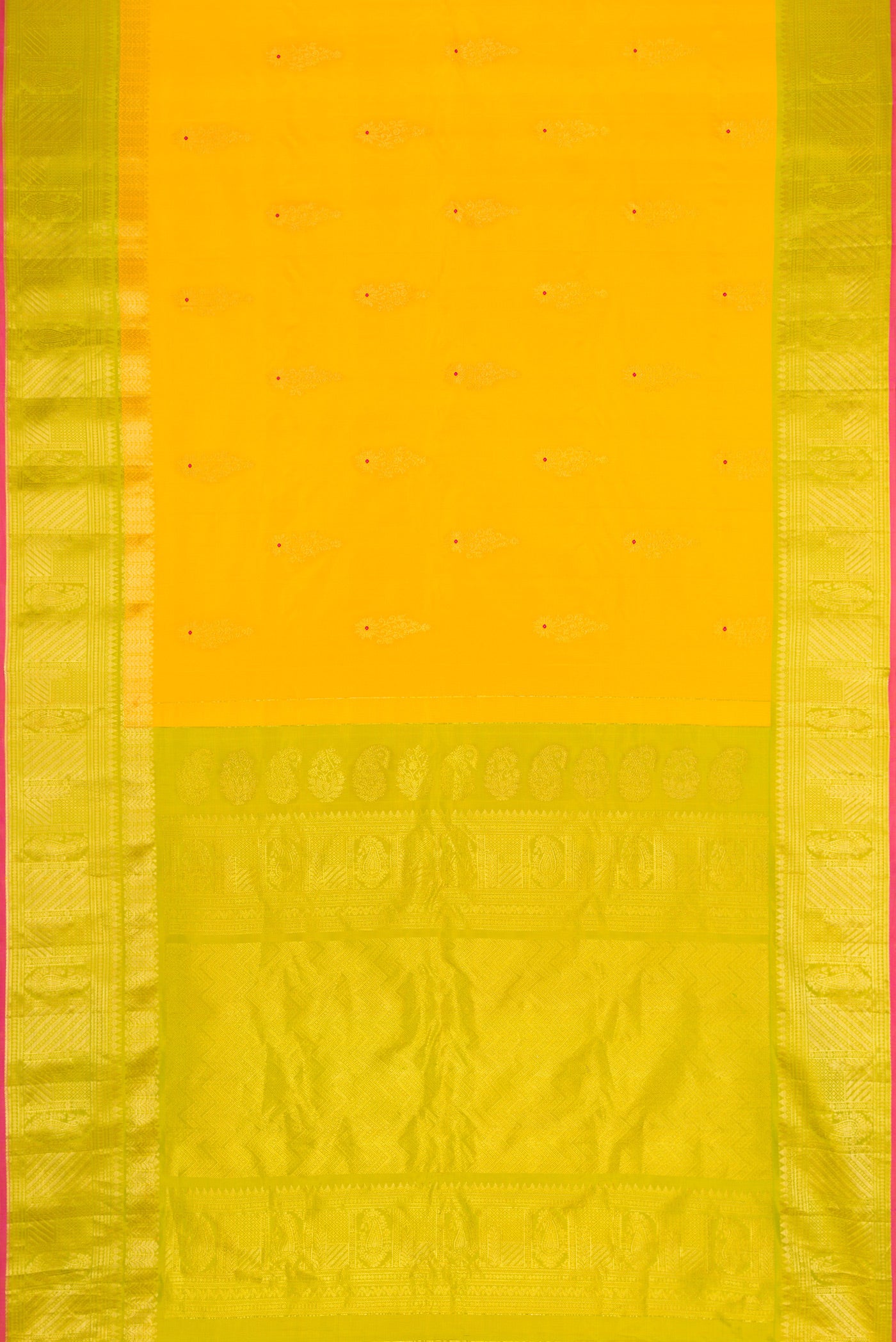Flat view of Yellow Dual Tone Gadwal Silk Saree with Zari And Thread Butta on the body and Zari Border. 