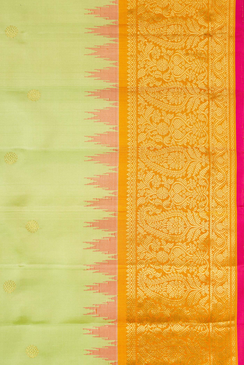 Border image of Pista Green Dual Tone Gadwal Silk Saree with Zari Butta on the body and Temple Border. 