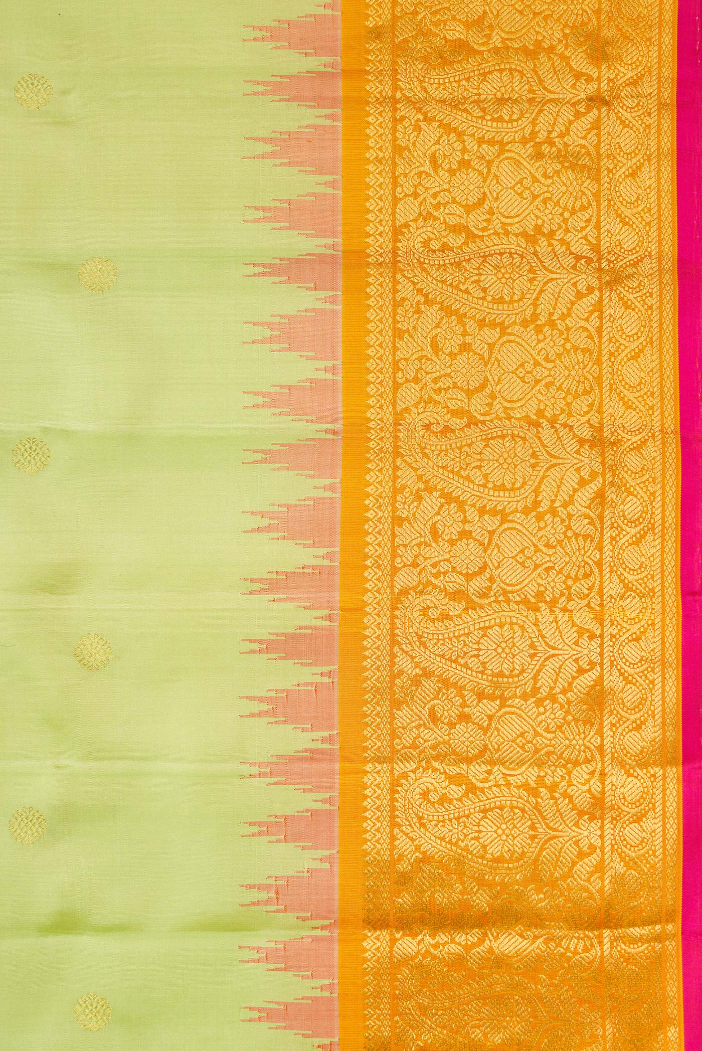 Border image of Pista Green Dual Tone Gadwal Silk Saree with Zari Butta on the body and Temple Border. 