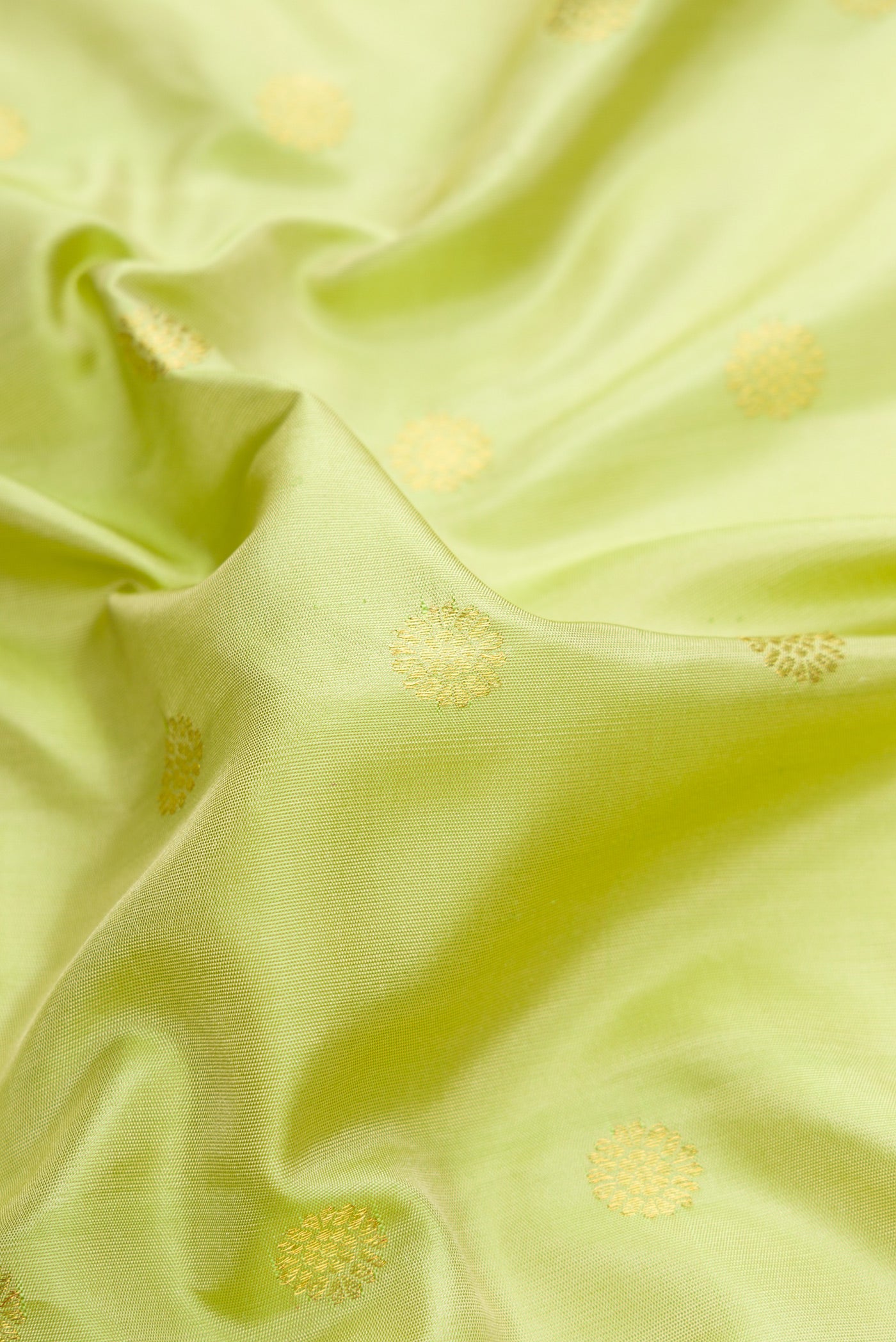 Close up of Pista Green Dual Tone Gadwal Silk Saree with Zari Butta on the body and Temple Border.  displaying folds