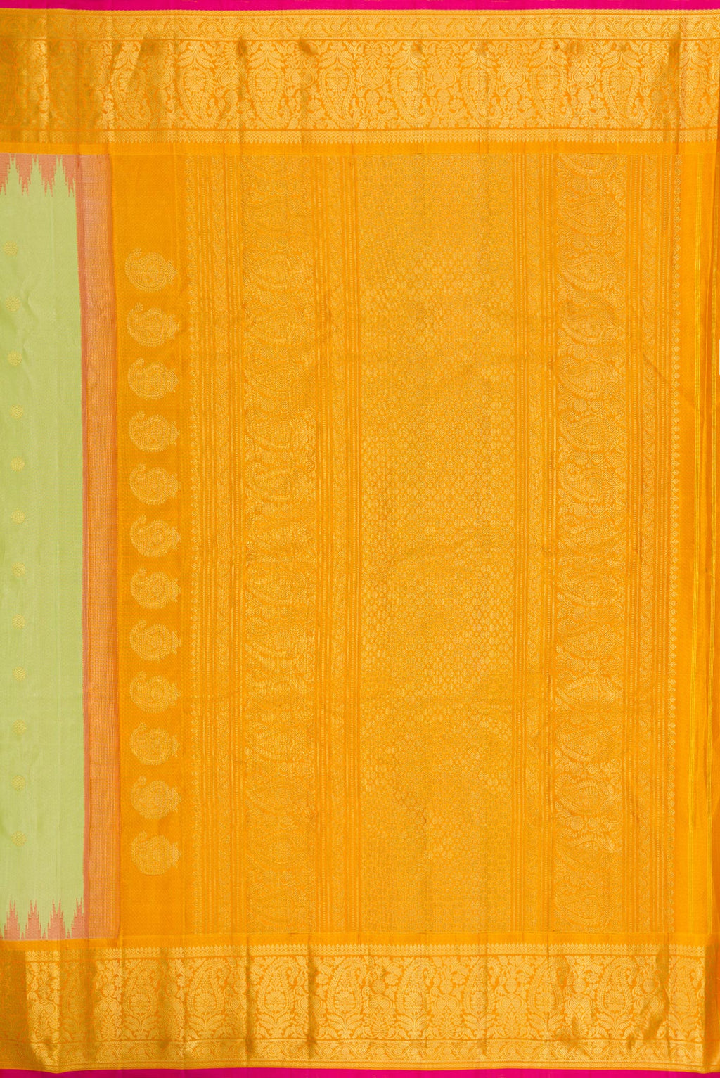 Close up image of the pallu of Pista Green Dual Tone Gadwal Silk Saree with Zari Butta on the body and Temple Border. 