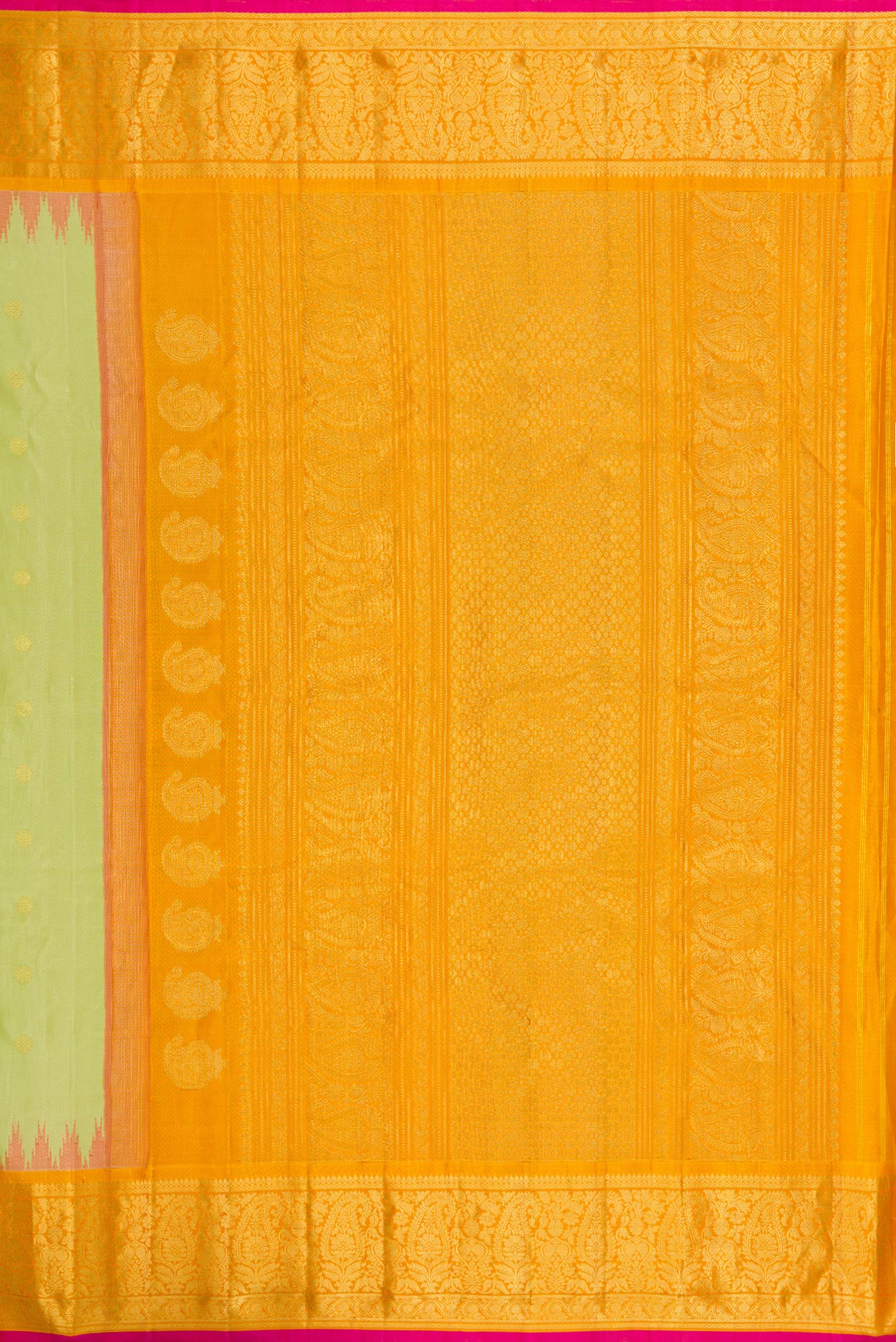 Close up image of the pallu of Pista Green Dual Tone Gadwal Silk Saree with Zari Butta on the body and Temple Border. 