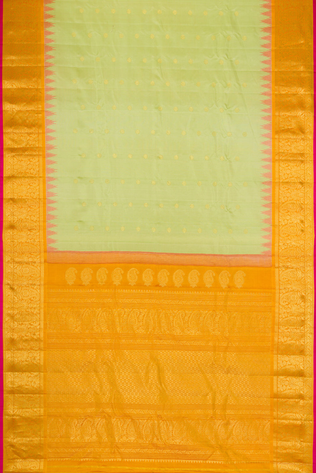 Flat view of Pista Green Dual Tone Gadwal Silk Saree with Zari Butta on the body and Temple Border. 
