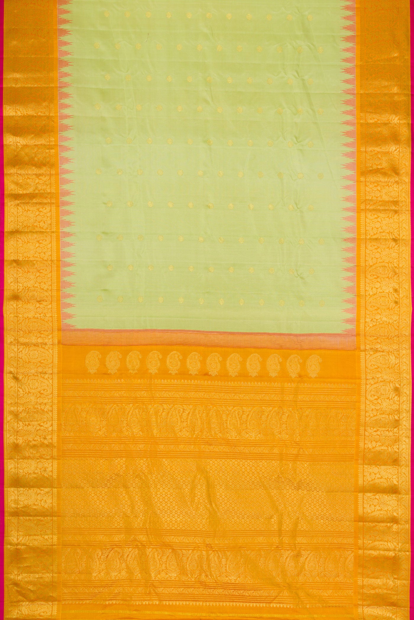 Flat view of Pista Green Dual Tone Gadwal Silk Saree with Zari Butta on the body and Temple Border. 