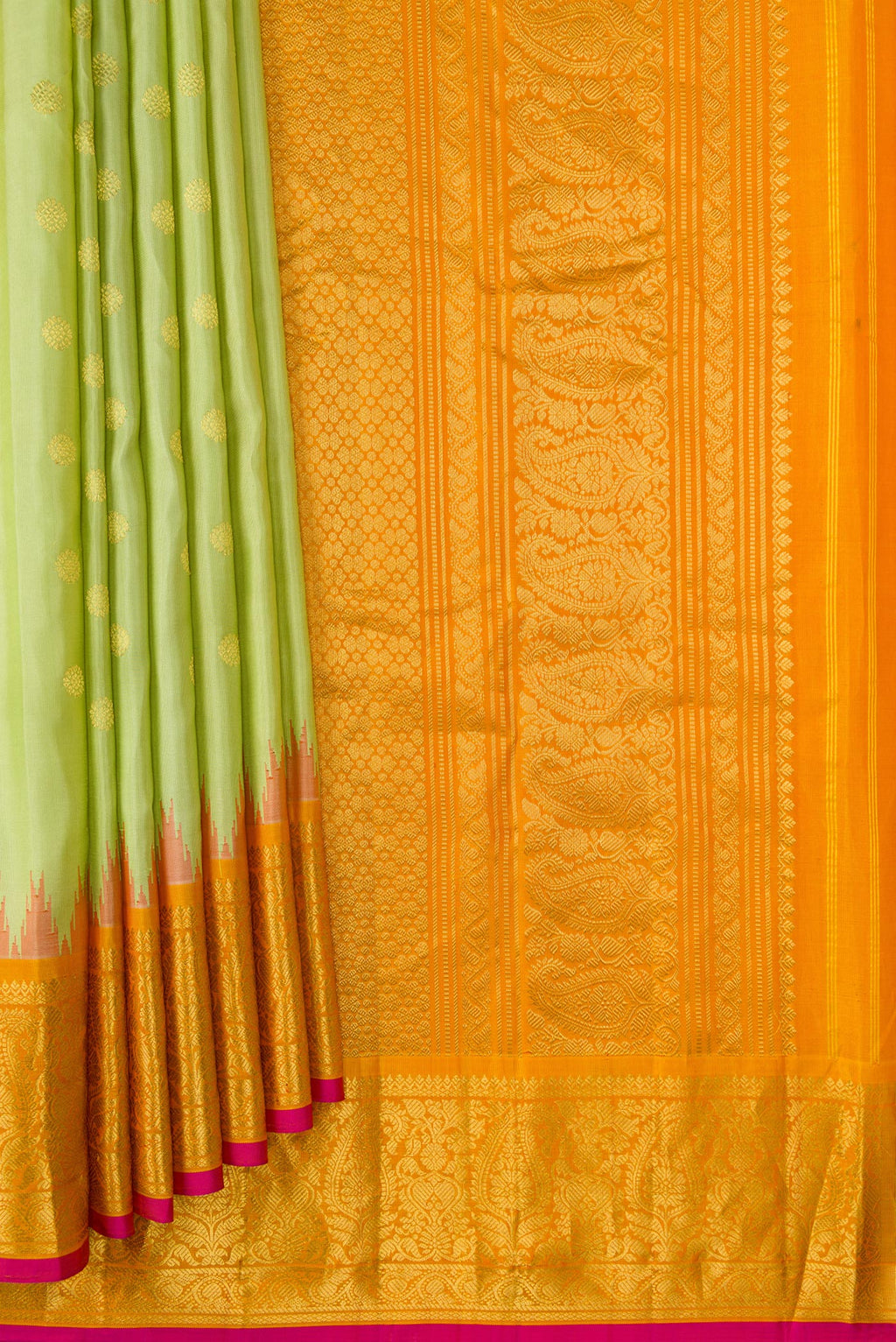 Pleats and pallu of Pista Green Dual Tone Gadwal Silk Saree with Zari Butta on the body and Temple Border. 