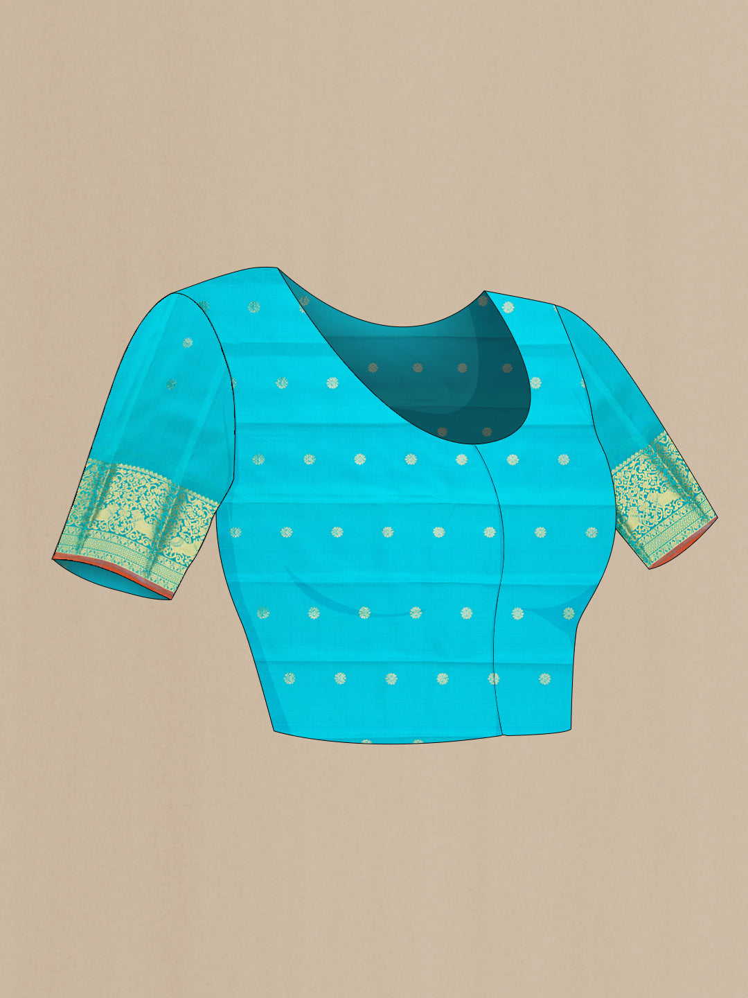Close up image of the blouse of Navy Blue Dual Tone Gadwal Silk Saree with Zari Butta on the body and Temple Border. 