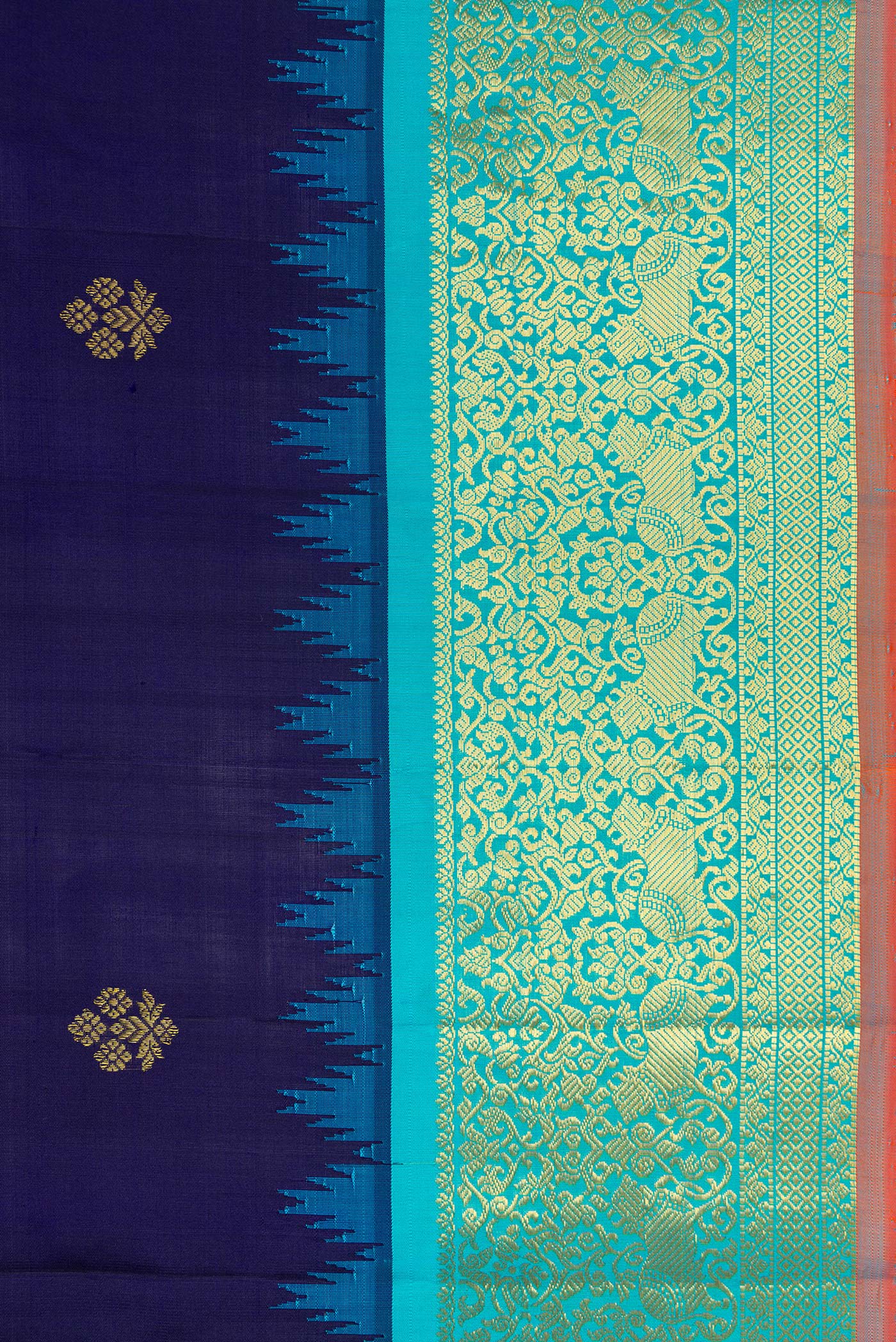 Border image of Navy Blue Dual Tone Gadwal Silk Saree with Zari Butta on the body and Temple Border. 