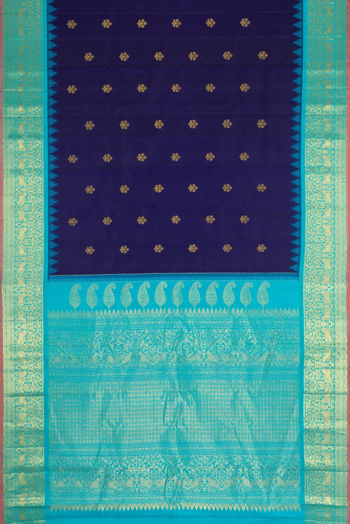 Flat view of Navy Blue Dual Tone Gadwal Silk Saree with Zari Butta on the body and Temple Border. 