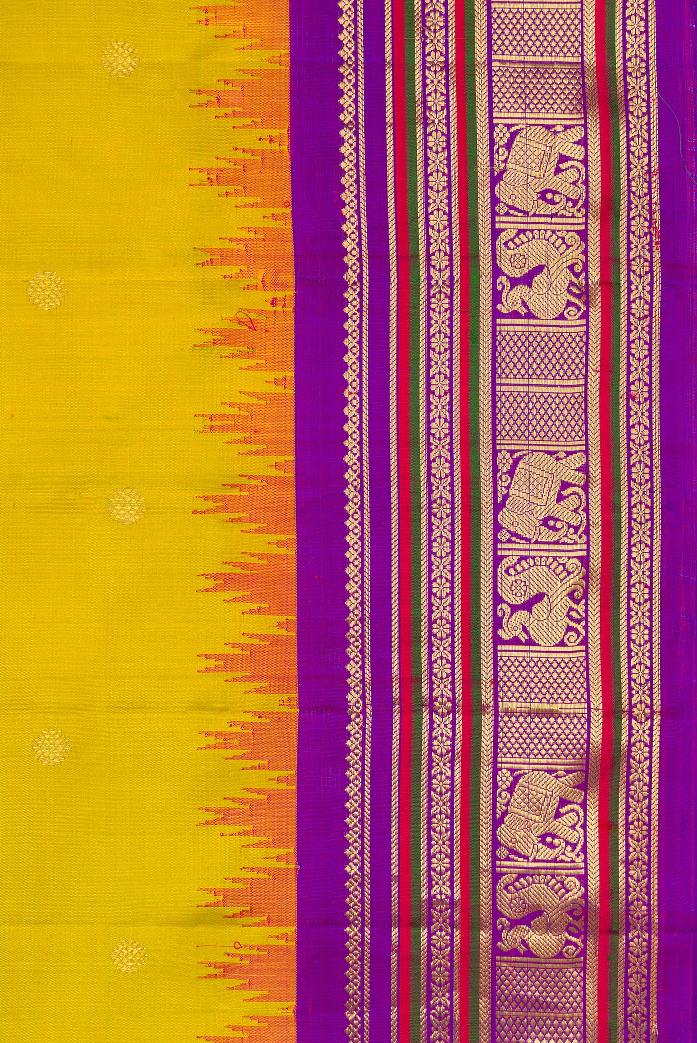 Border image of Parrot Green Dual Tone Gadwal Silk Saree with Zari Butta on the body and Temple Border. 