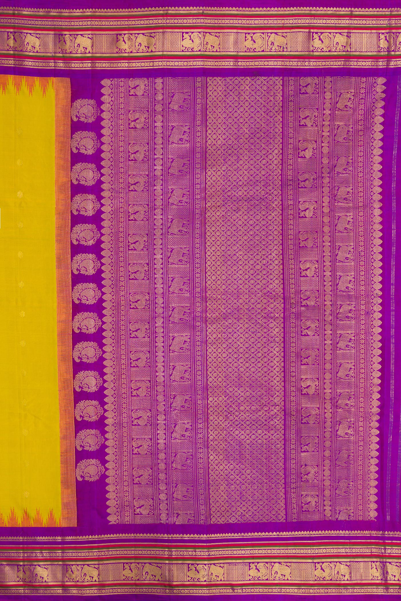 Close up image of the pallu of Parrot Green Dual Tone Gadwal Silk Saree with Zari Butta on the body and Temple Border. 