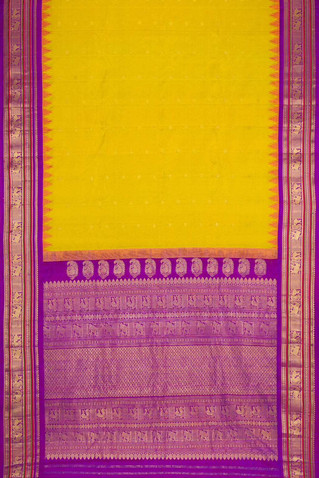 Flat view of Parrot Green Dual Tone Gadwal Silk Saree with Zari Butta on the body and Temple Border. 