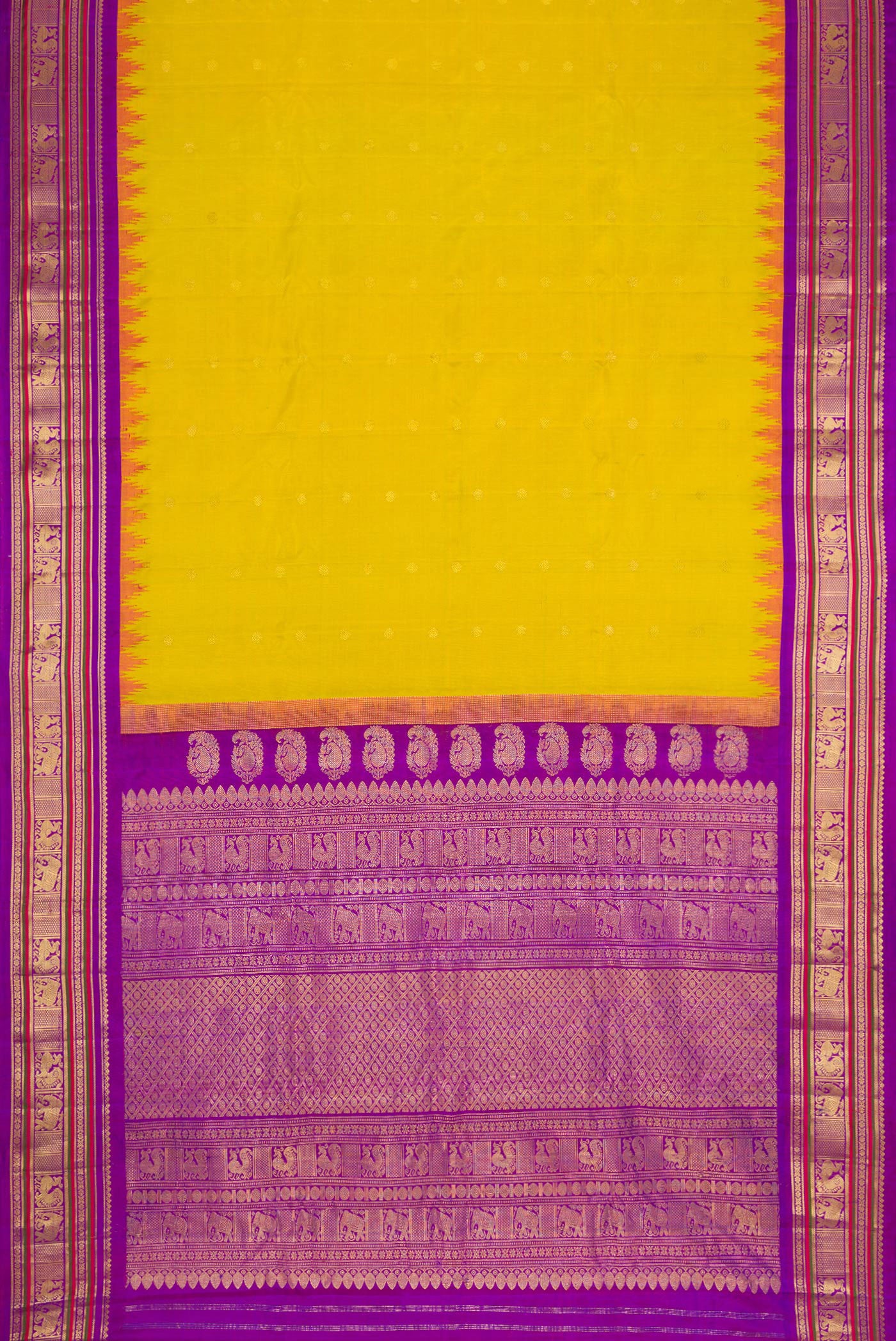 Flat view of Parrot Green Dual Tone Gadwal Silk Saree with Zari Butta on the body and Temple Border. 