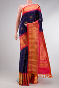 Navy Blue Dual Tone Gadwal Silk Saree with Checked design on the body and Zari Border.  displayed on a mannequin