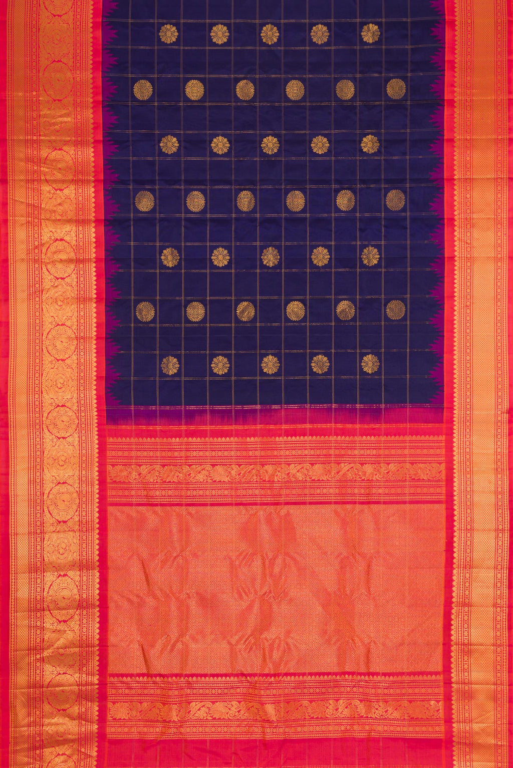 Flat view of Navy Blue Dual Tone Gadwal Silk Saree with Checked design on the body and Zari Border. 