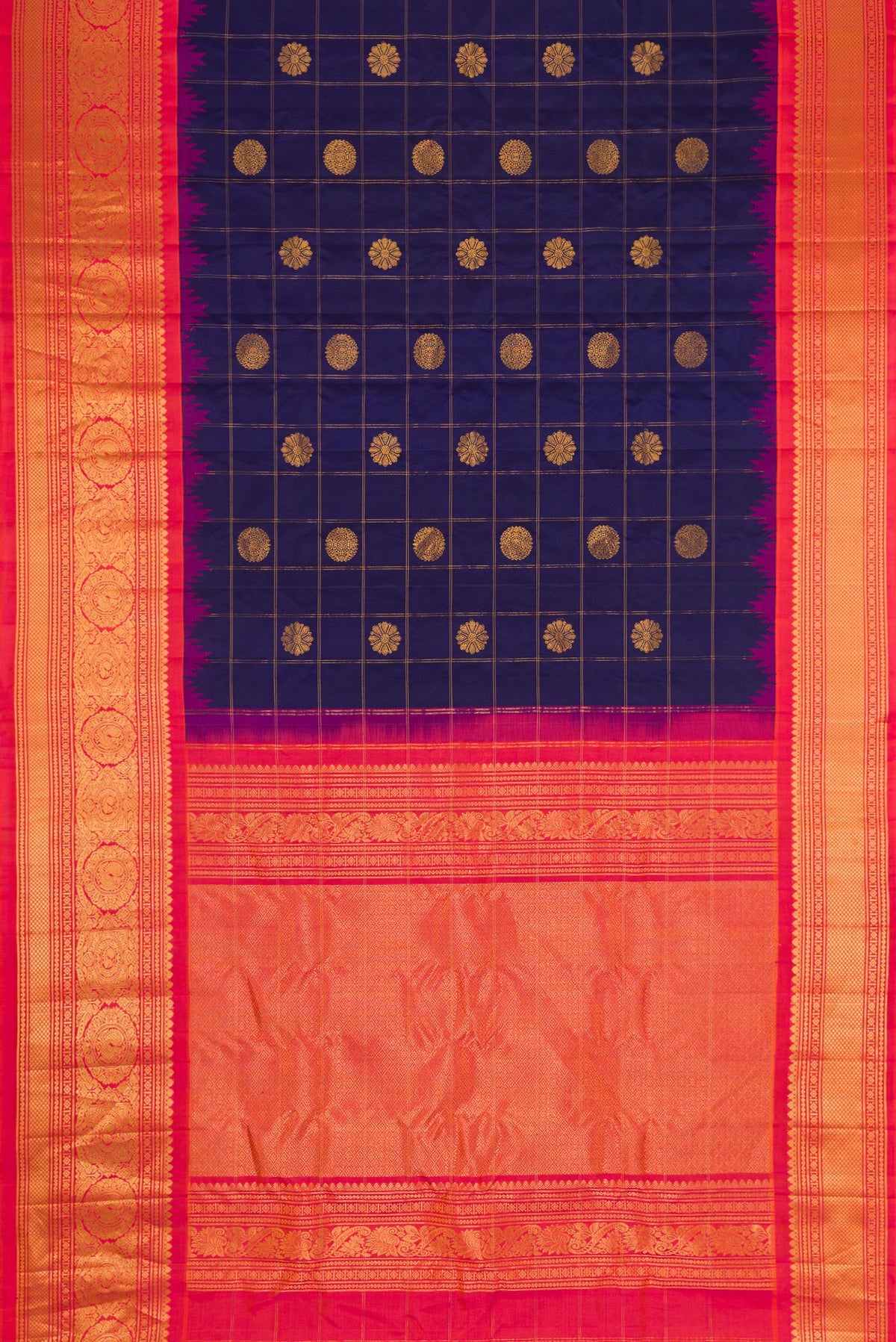 Flat view of Navy Blue Dual Tone Gadwal Silk Saree with Checked design on the body and Zari Border. 