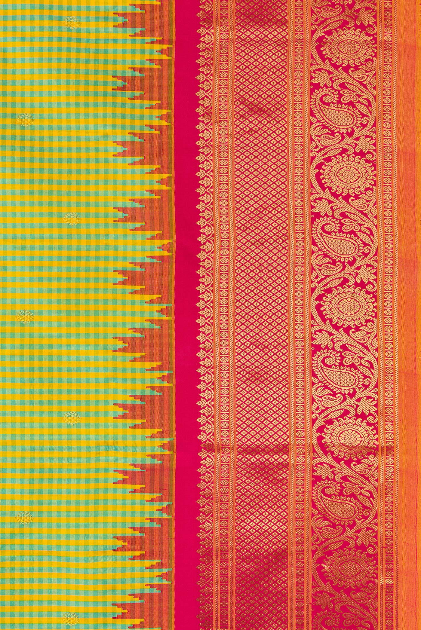Border image of Sky Blue and Yellow Color Gadwal Silk Saree with Checked design on the body and Temple Border. 