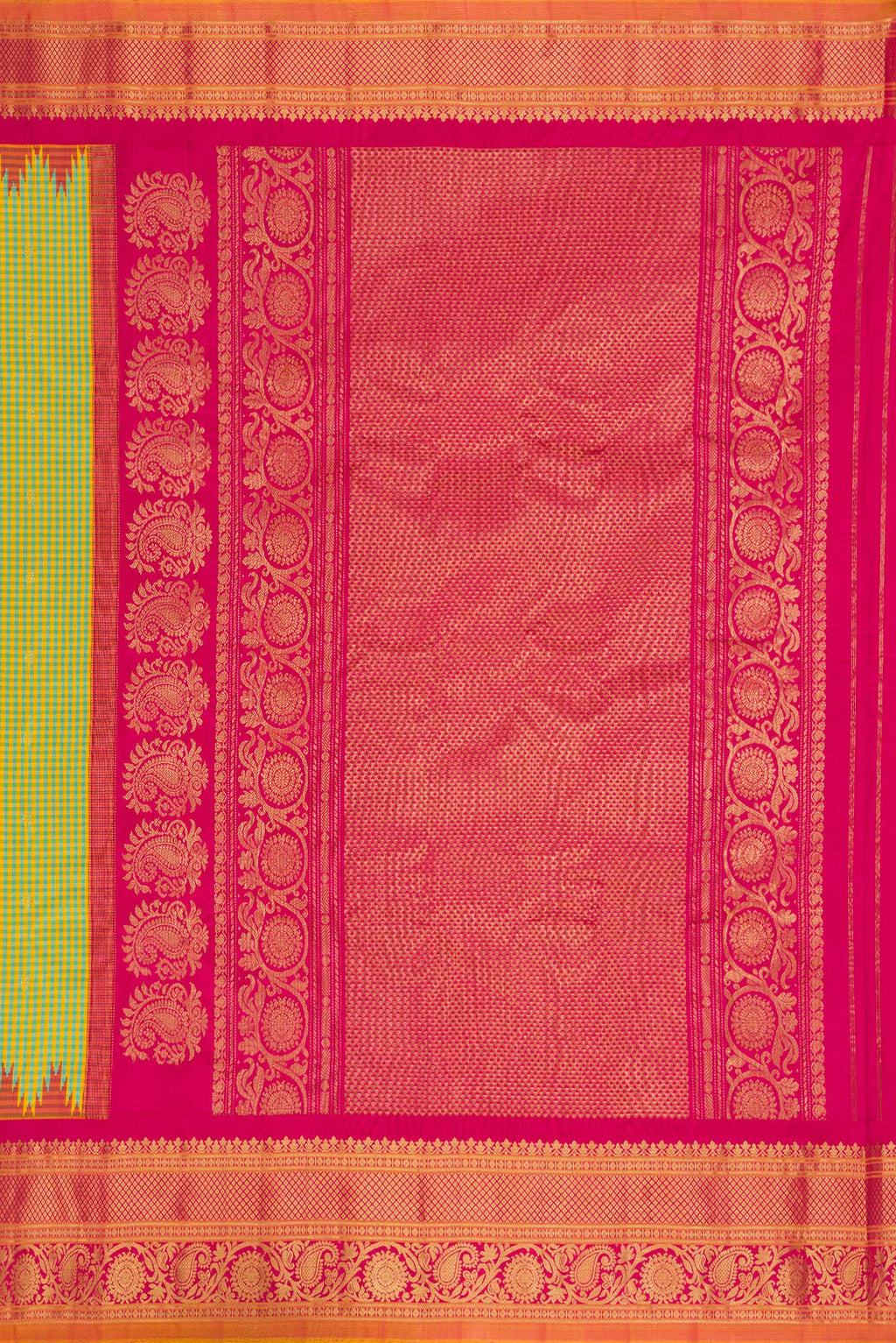 Close up image of the pallu of Sky Blue and Yellow Color Gadwal Silk Saree with Checked design on the body and Temple Border. 