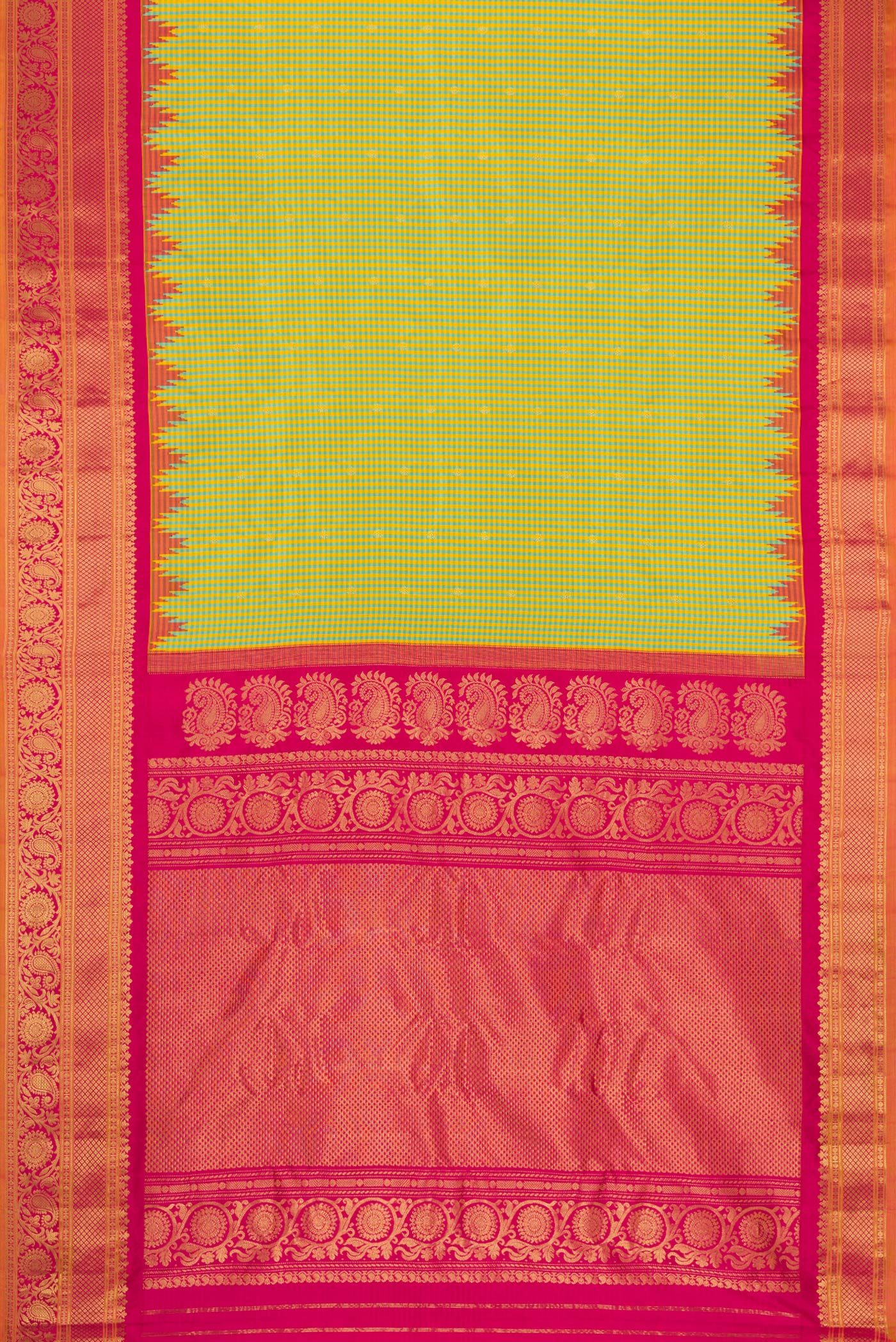 Flat view of Sky Blue and Yellow Color Gadwal Silk Saree with Checked design on the body and Temple Border. 