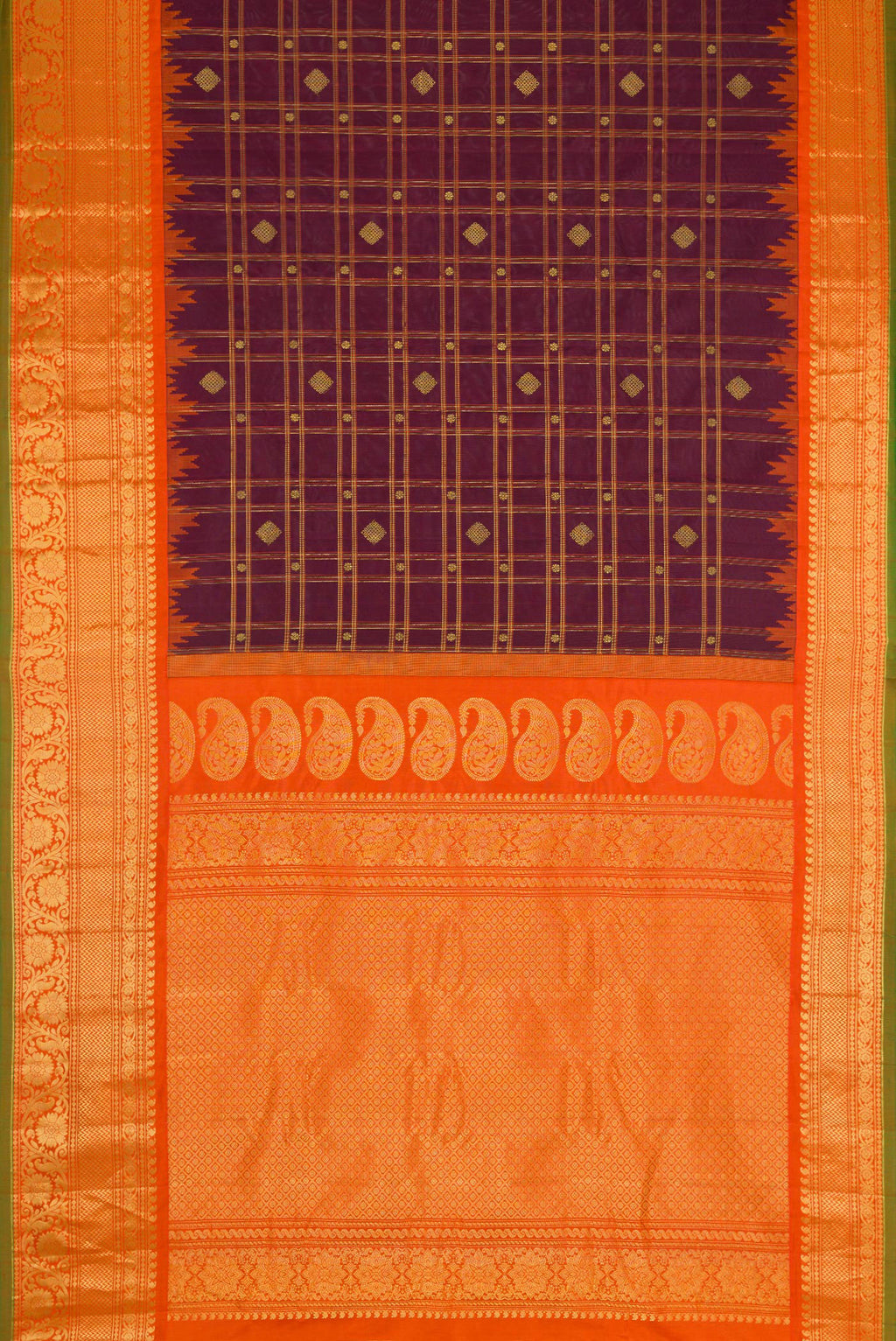 Flat view of Burgundy Dual Tone Gadwal Silk Saree with Checked design on the body and Zari Border. 