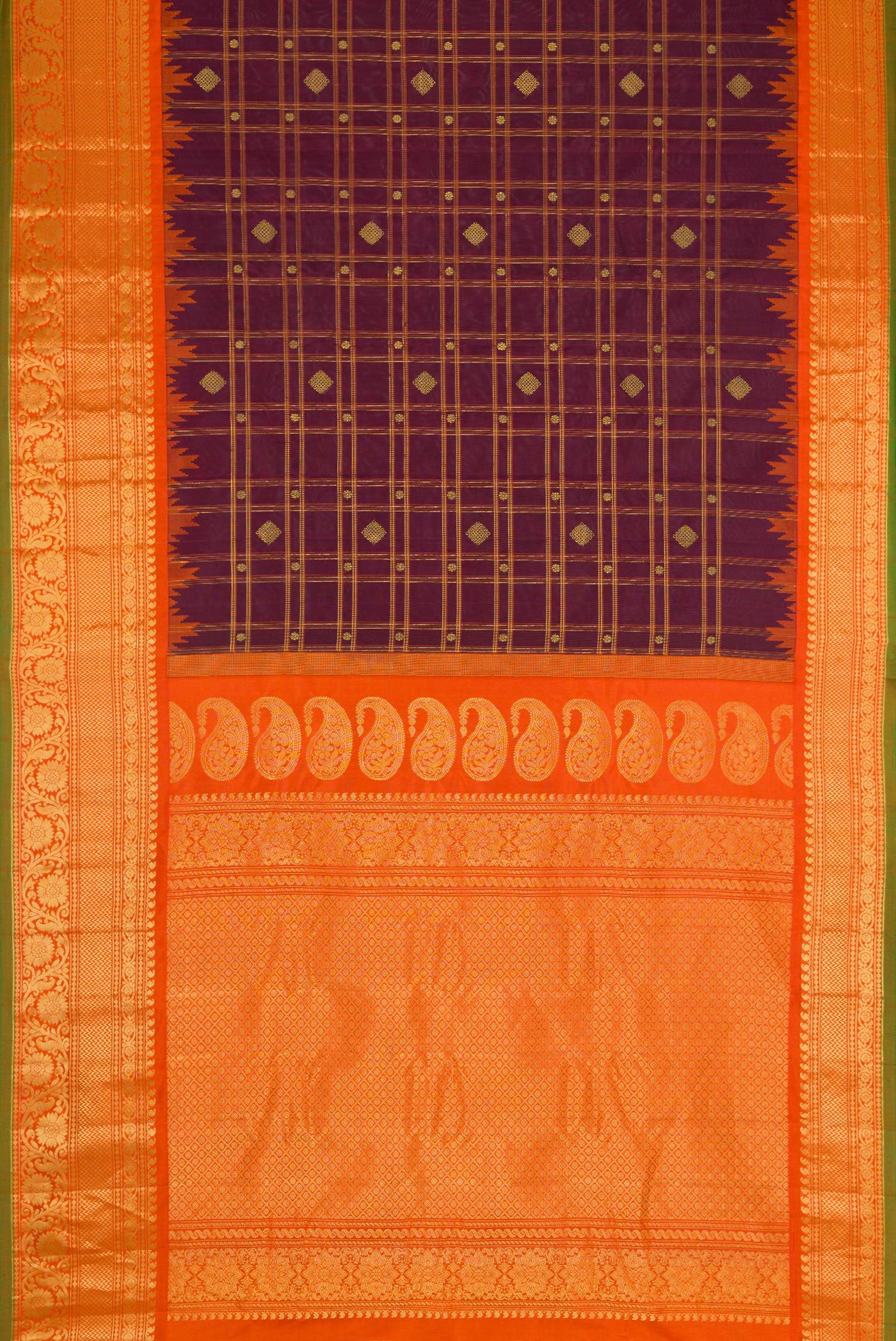 Flat view of Burgundy Dual Tone Gadwal Silk Saree with Checked design on the body and Zari Border. 