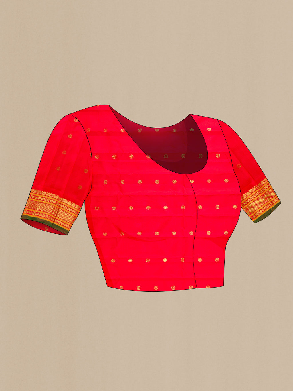 Close up image of the blouse of Beige Dual Tone Gadwal Silk Saree with Checked design on the body and Temple Border. 