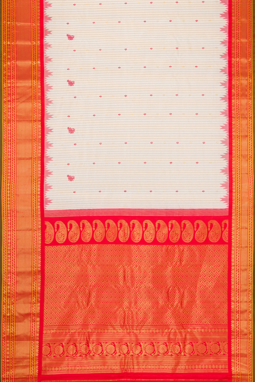 Flat view of Beige Dual Tone Gadwal Silk Saree with Checked design on the body and Temple Border. 