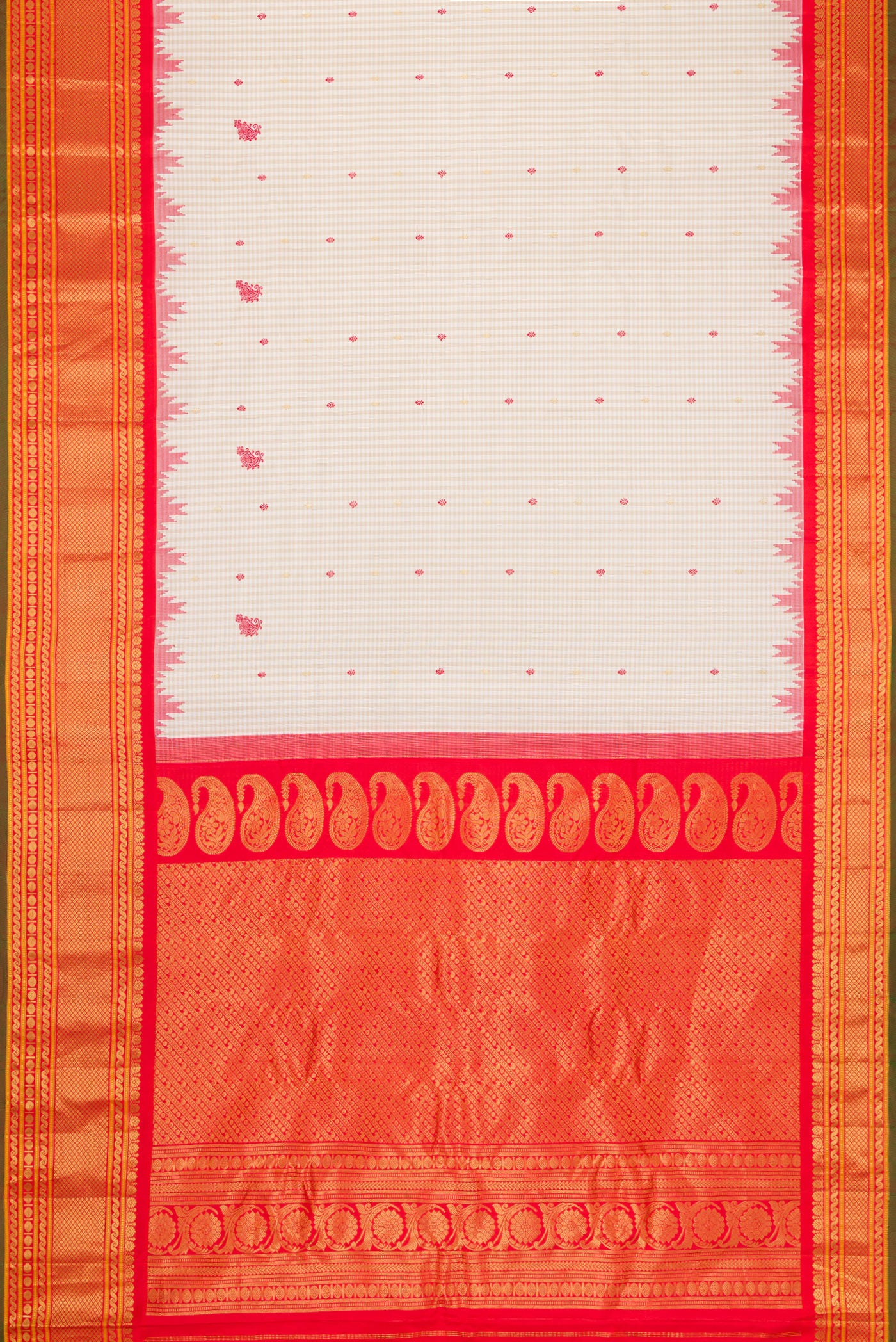 Flat view of Beige Dual Tone Gadwal Silk Saree with Checked design on the body and Temple Border. 